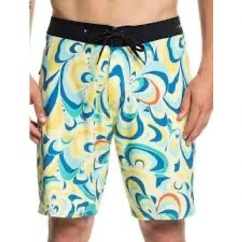 Quiksilver Highline Mens Board Shorts 27 Yellow Blue Swirl 4-Way Stretch Swim